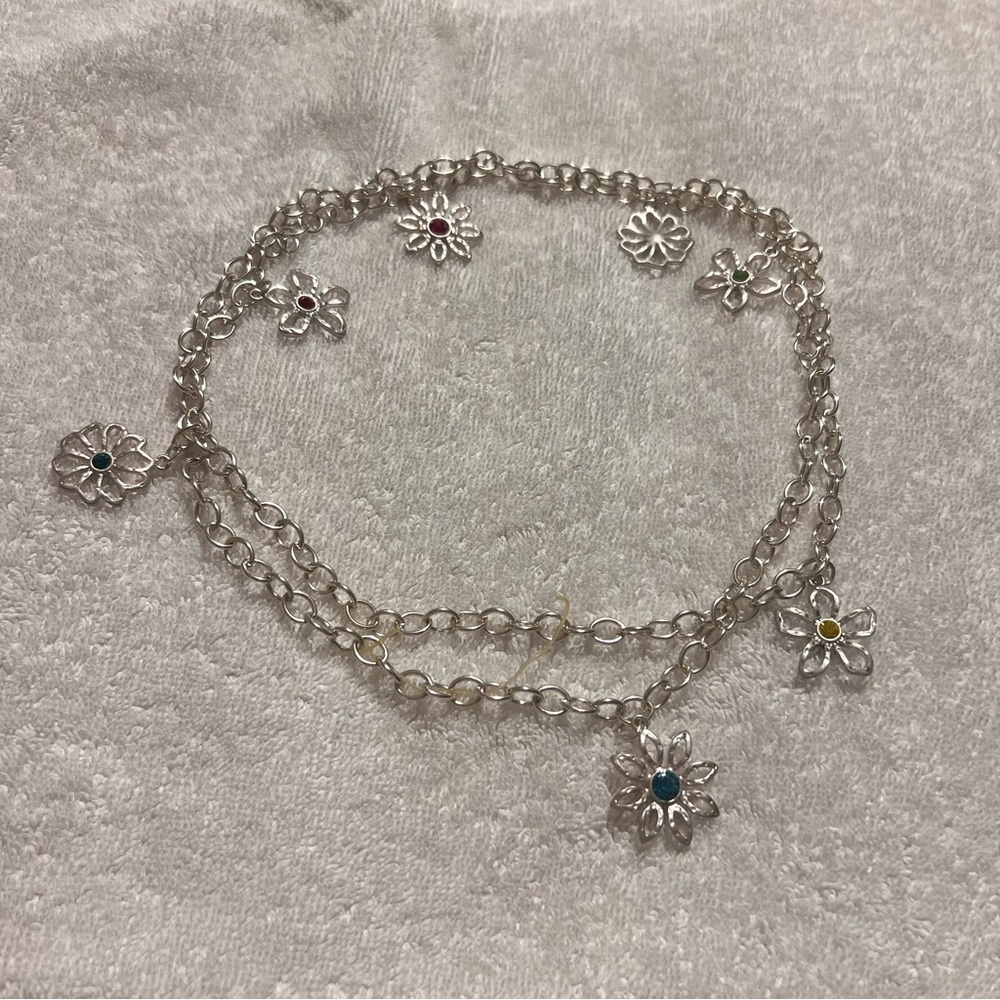 New Silver Floral Multi-Charm Necklace with Colored Centers
